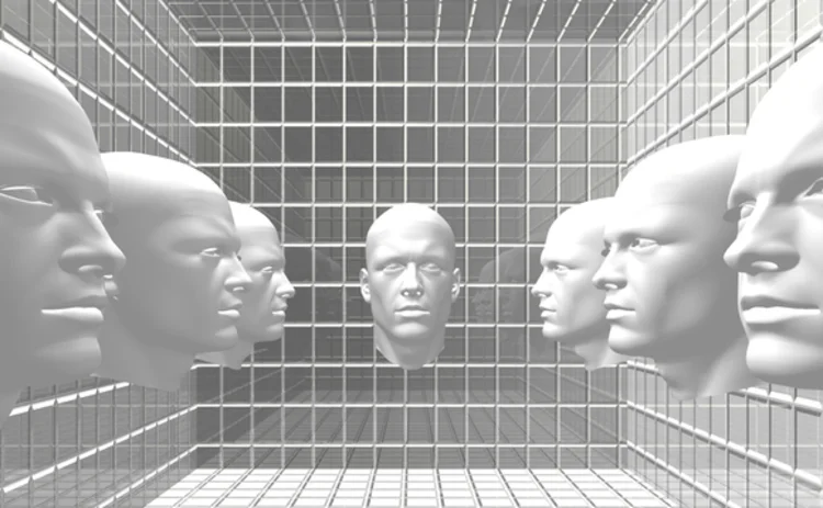 black-and-white-illustration-of-futuristic-robot-faces-displayed-on-3d-matrix